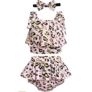 Baby Girl Leopard Romper Set 0-3 Months Pink Bow Headband Outfit